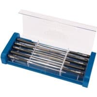 Blue Draper needle file set, 140mm, 10 pieces in a clear-lid case, featuring black handles and diamond-coated tips.
