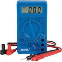 Blue Draper digital multimeter with LCD screen, rotary dial, and red and black test probes.