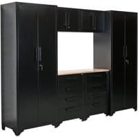 Black Draper Double Garage Workstation with two tall cabinets, central wooden countertop, and multiple drawers.