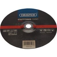 Black Draper metal cutting disc, 230mm diameter, red stripe, central hole, labeled with specifications and logo.