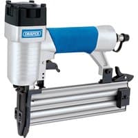 Silver and blue Draper air nailer with ergonomic grip, adjustable depth control, and 10-50mm nail capacity.