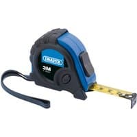 Blue and black Draper Expert measuring tape, 3m/10ft, with a yellow retractable blade and wrist strap.
