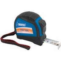 Black and blue Draper Expert measuring tape, 5m/16ft, with red wrist strap and metal tape extended.