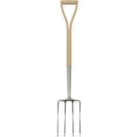 Draper Heritage Junior stainless steel digging fork with wooden handle and four sharp tines.