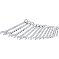 Draper HI-TORQ metric spanner set, 14 silver wrenches with open and ring ends, arranged in size order.