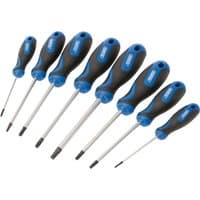 Blue and black soft grip screwdriver set with eight pieces, featuring various sizes of flathead and Phillips tips.