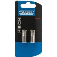 Draper TX-STAR Insert Bit pack, 1/4" hex, 25mm long, T27, two silver bits in clear packaging on branded card.