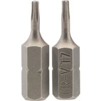 Two silver Draper TX-STAR T7 insert bits, 1/4" hex shank, 25mm long, with CR-V T7 marking, hexagonal base.