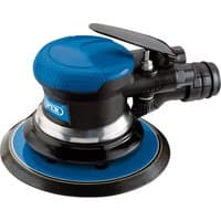 Blue and black Draper dual action air sander, 150mm, with ergonomic handle and circular sanding pad.