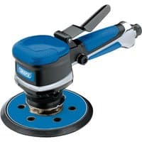 Blue and black Draper Dual Action Sander, 150mm, with ergonomic handle and circular sanding pad with holes.