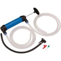Blue and black Draper dual-purpose pump with clear hoses, black nozzle, and red and green adapters.