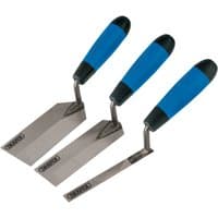Draper Edging Trowel Set with blue and black handles, includes three stainless steel trowels of varying sizes.