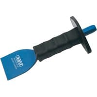 Blue Draper electrician's bolster with black hand guard, 225 x 60mm, featuring a wide flat blade and ergonomic grip.