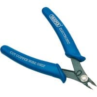 Blue-handled Draper Electronic Flush Cut Nipper, 130mm, with sharp, angled metal jaws for precision cutting.