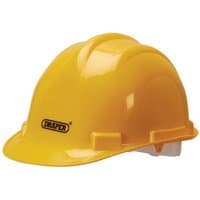 Yellow Draper EN397 hard hat with a smooth dome, front brim, and adjustable interior strap.