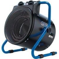 Black Draper ESH2800F electric space heater with blue frame, circular mesh front, and dual control knobs on top.