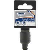 Black Draper Expert impact socket converter with 1/2" female to 3/8" male adapter, attached to branded packaging.