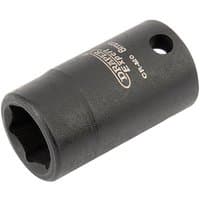 Black Draper Expert 8mm impact socket with 1/4" square drive, Hi-Torq 6 point design, and side hole for secure attachment.