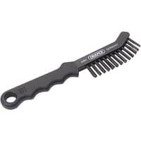Black Draper Expert hand brush with steel wire bristles, ergonomic handle, and hanging hole.
