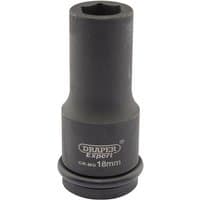 Black Draper Expert deep impact socket, 3/4" drive, 6-point, 18mm size, with Hi-Torq design and engraved branding.