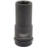 Black Draper Expert deep impact socket, 3/4" drive, 6-point, 22mm size, with Hi-Torq design and branded text.