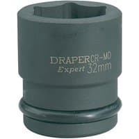 Draper Expert black impact socket, 3/4" drive, 6-point, 32mm size, with engraved branding and smooth finish.