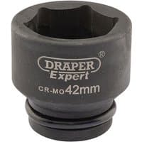 Black Draper Expert 42mm impact socket with 3/4" square drive and Hi-Torq 6-point design, labeled CR-MO.