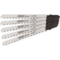 Draper Expert 5 Piece Jigsaw Blade Set, silver blades with black shanks, 100mm length, 10 TPI.