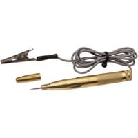 Gold Draper Expert circuit tester with a pointed probe, alligator clip, and coiled gray wire for 6-24V DC automotive use.