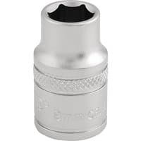Silver Draper Expert 9mm metric socket, 3/8" square drive, with knurled grip and six-point design.
