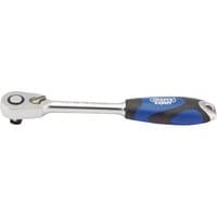 Draper Expert ratchet with 60 tooth micro head, 1/2" square drive, silver metal body, blue and black soft grip handle.