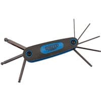 Draper Expert 8 piece ball end metric hex key set with black handles and blue accents, foldable design.
