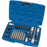 Blue Draper Expert alternator pulley tool kit with 18 pieces, including various sockets and extensions in a molded case.