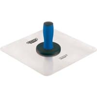 Square aluminium plasterer's hawk with blue handle and rounded edges by Draper Expert.