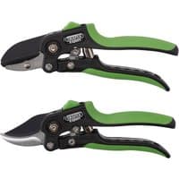 Green and black Draper Expert secateurs set, featuring anvil and bypass blades, 200mm length, ergonomic handles.