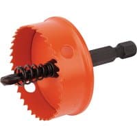 Orange Draper Expert bi-metal hole saw with integrated arbor, 38mm, featuring a black drill bit and spring mechanism.