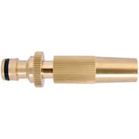 Brass spray nozzle with ribbed grip and adjustable tip, featuring a rubber O-ring for secure hose connection.