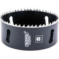 "Draper Expert cobalt hole saw, 102mm, black with sharp teeth and side cutouts, branded logo on the side"
