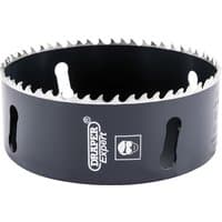 Black Draper Expert cobalt hole saw, 111mm, with sharp teeth and side slots, featuring brand logo and safety icon.
