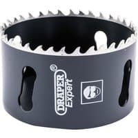 Black Draper Expert cobalt hole saw, 73mm, with sharp teeth and side slots, branded logo on the side.