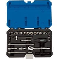 Draper Expert 40-piece socket set in blue case, includes ratchet, extensions, and various sockets neatly arranged.