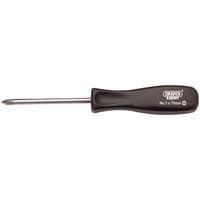 Black-handled Draper Expert cross slot screwdriver, No.1 x 75mm, with a chrome-plated shaft and precision tip.