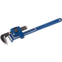 Blue Draper Expert adjustable pipe wrench, 450mm, with a silver jaw and black grip handle.