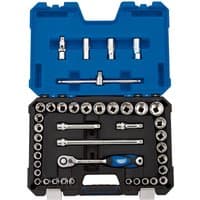 Blue and black Draper Expert socket set with 41 pieces, including ratchet, sockets, and extensions in a sturdy case.
