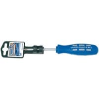 Blue-handled Draper Expert cross slot screwdriver, No.1 x 75mm, with black plastic packaging and silver metal shaft.