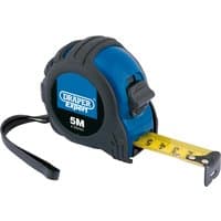 Blue and black Draper Expert measuring tape, 5m/16ft, with yellow tape and wrist strap.