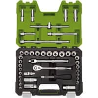 Green Draper Expert socket set with 41 pieces, including ratchet, sockets, and extensions in a molded case.