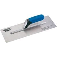 Draper Expert plastering trowel, 355mm, with soft blue grip handle and stainless steel blade.