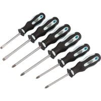 Draper Expert screwdriver set with black soft grip handles and chrome shafts, includes flathead and Phillips types.