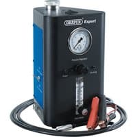 Black and blue Draper Expert smoke diagnostic machine with pressure gauge, hoses, and red and black clamps.